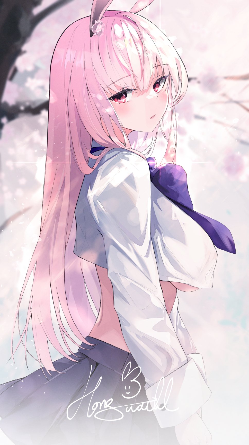 1girl animal_ears black_skirt blurry bow bowtie breasts cherry_blossoms closed_mouth commission crop_top depth_of_field highres kooemong long_hair long_sleeves looking_at_viewer midriff original pink_hair pleated_skirt rabbit_ears red_eyes shirt skirt solo under_boob white_shirt