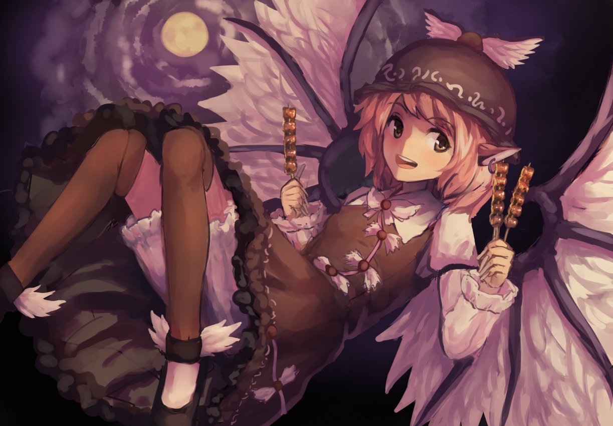 1girl animal_ears bionekojita bird_ears bird_wings black_footwear bloomers brown_dress brown_eyes brown_headwear brown_legwear dress earrings eyebrows_visible_through_hair fingernails food frilled_sleeves frills full_moon grey_nails holding holding_food jewelry long_fingernails long_sleeves moon mystia_lorelei nail_polish open_mouth pink_hair shoes short_hair single_earring smile solo teeth thigh-highs touhou underwear upper_teeth white_bloomers white_wings winged_hat wings