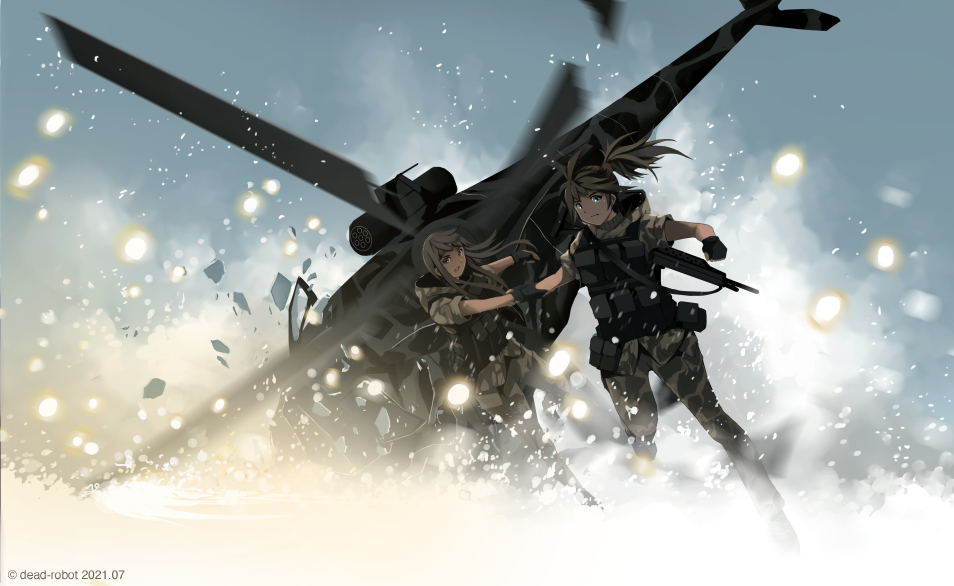 2girls aircraft artist_name brown_hair commentary crash_landing dead-robot gun helicopter holding_another's_arm looking_at_viewer military military_vehicle mixed-language_commentary multiple_girls original outdoors soldier vest watermark weapon weapon_on_back