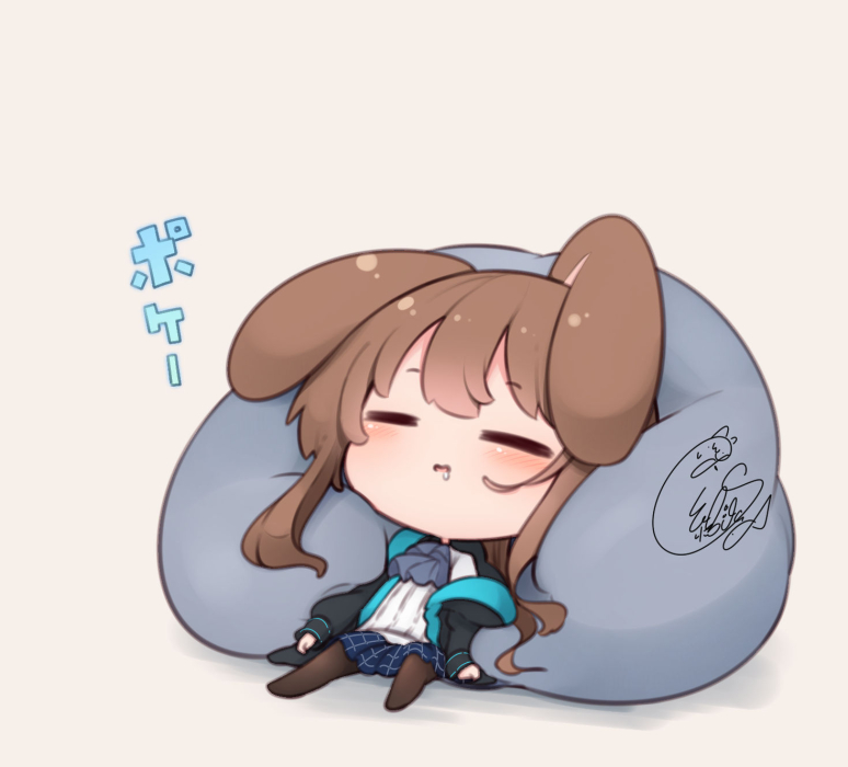 1girl =_= amiya_(arknights) animal_ears arknights beni_shake black_jacket blue_skirt blush brown_background brown_hair brown_legwear chibi closed_eyes commentary_request drooling facing_viewer hood hood_down hooded_jacket jacket long_hair long_sleeves no_shoes off_shoulder pantyhose parted_lips pillow pleated_skirt rabbit_ears saliva shadow shirt signature skirt sleeves_past_wrists solo translation_request very_long_hair white_shirt