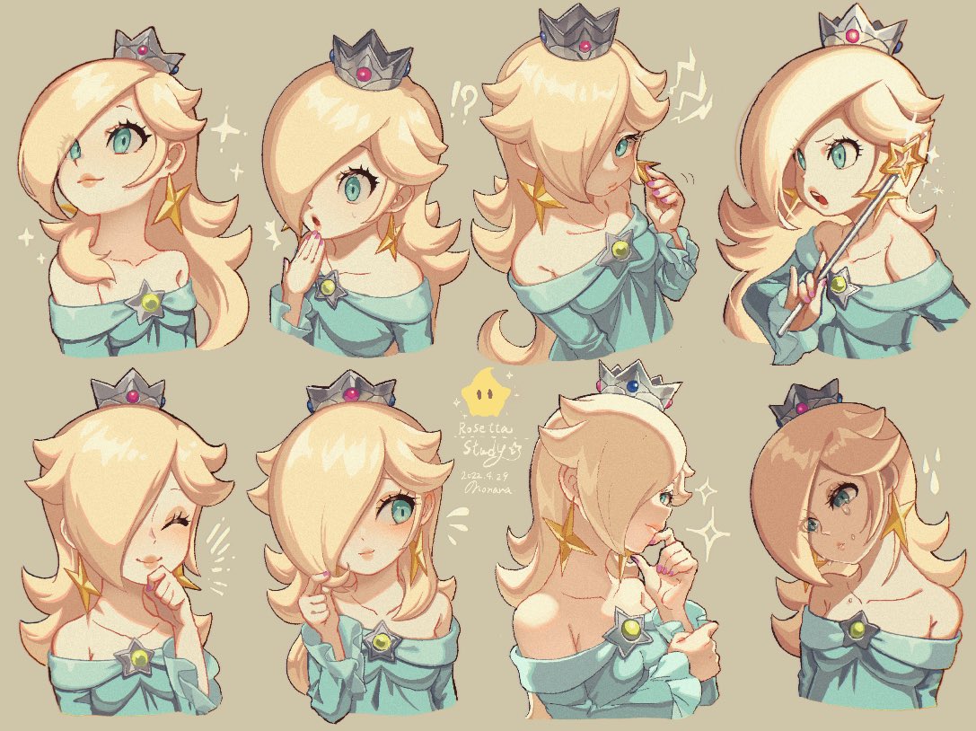 1girl aqua_dress blonde_hair blue_eyes blush brooch crown crying dress earrings expressions hair_over_one_eye hand_on_own_chin happy jewelry nonana_(galaxycat89p13) off-shoulder_dress off_shoulder playing_with_own_hair pout rosalina smile star_(symbol) star_brooch star_earrings super_mario_bros. super_mario_galaxy surprised thinking wand