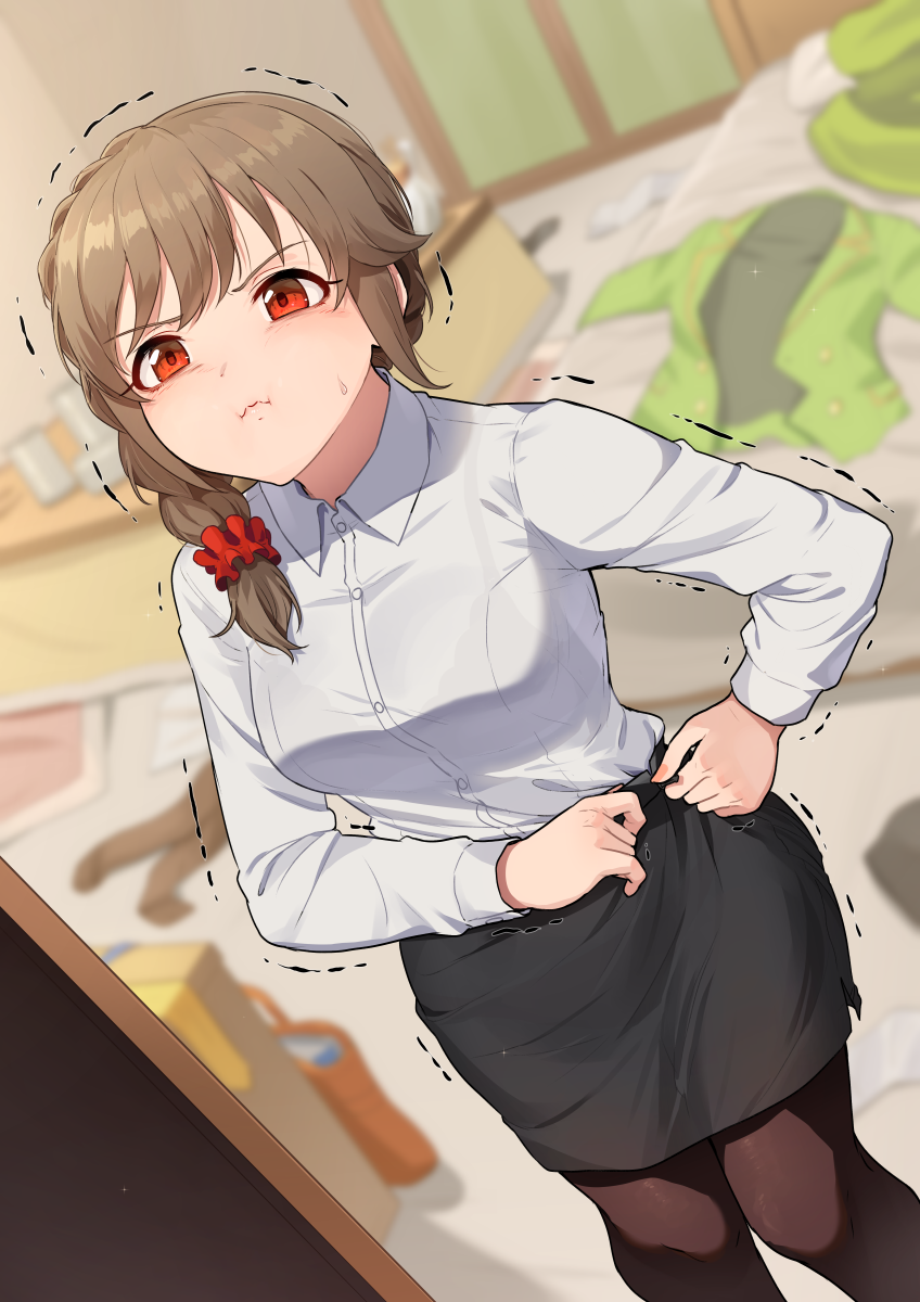 1girl :i bed black_bra black_legwear blazer bra bra_visible_through_clothes braid braided_ponytail brown_hair clothes_on_bed dutch_angle feet_out_of_frame hair_ornament hair_scrunchie highres idolmaster idolmaster_cinderella_girls indoors jacket jacket_removed kamille_(vcx68) messy_room pantyhose pantyhose_removed pencil_skirt scrunchie senkawa_chihiro shirt side_ponytail side_slit skirt solo sweatdrop trembling undersized_clothes underwear v-shaped_eyebrows white_shirt