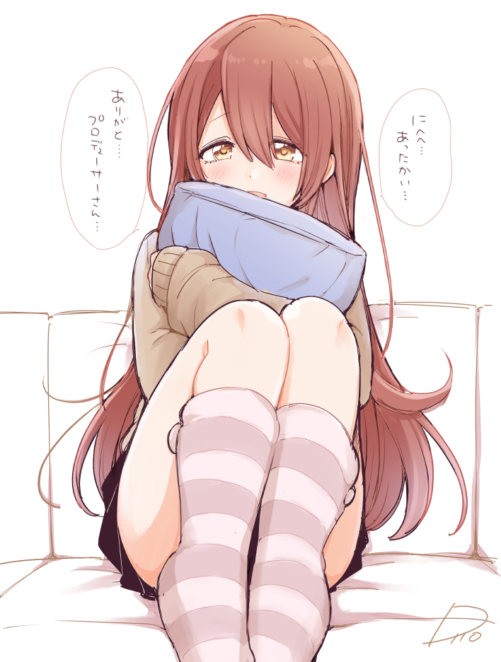 1girl black_skirt blush brown_hair brown_sweater commentary_request couch eyebrows_visible_through_hair flip_(diiolive) hair_between_eyes idolmaster idolmaster_shiny_colors kneehighs knees_to_chest knees_up long_hair looking_at_viewer object_hug open_mouth osaki_tenka pillow pillow_hug sitting skirt solo straight_hair striped striped_legwear sweater translated yellow_eyes
