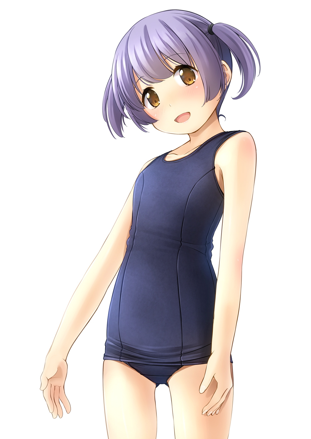 1girl :d bangs bare_arms bare_shoulders blue_swimsuit brown_eyes collarbone commentary_request eyebrows_visible_through_hair highres looking_at_viewer old_school_swimsuit one-piece_swimsuit original purple_hair school_swimsuit shibacha simple_background smile solo standing swimsuit twintails white_background