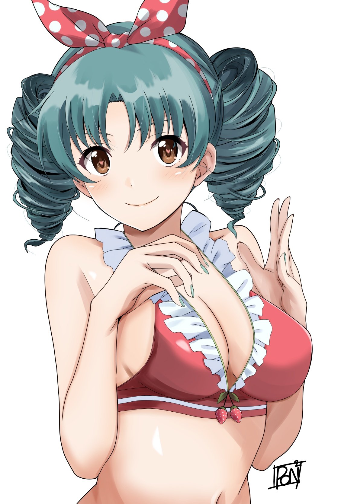 1girl bangs bare_shoulders bikini blush breasts brown_eyes closed_mouth drill_hair food frilled_bikini frills fruit green_hair green_nails hair_ribbon hands_up heart heart-shaped_pupils highres idolmaster idolmaster_million_live! looking_at_viewer medium_breasts nail_polish parted_bangs polka_dot ponpon red_bikini ribbon signature simple_background solo strawberry swimsuit symbol-shaped_pupils tokugawa_matsuri twin_drills upper_body