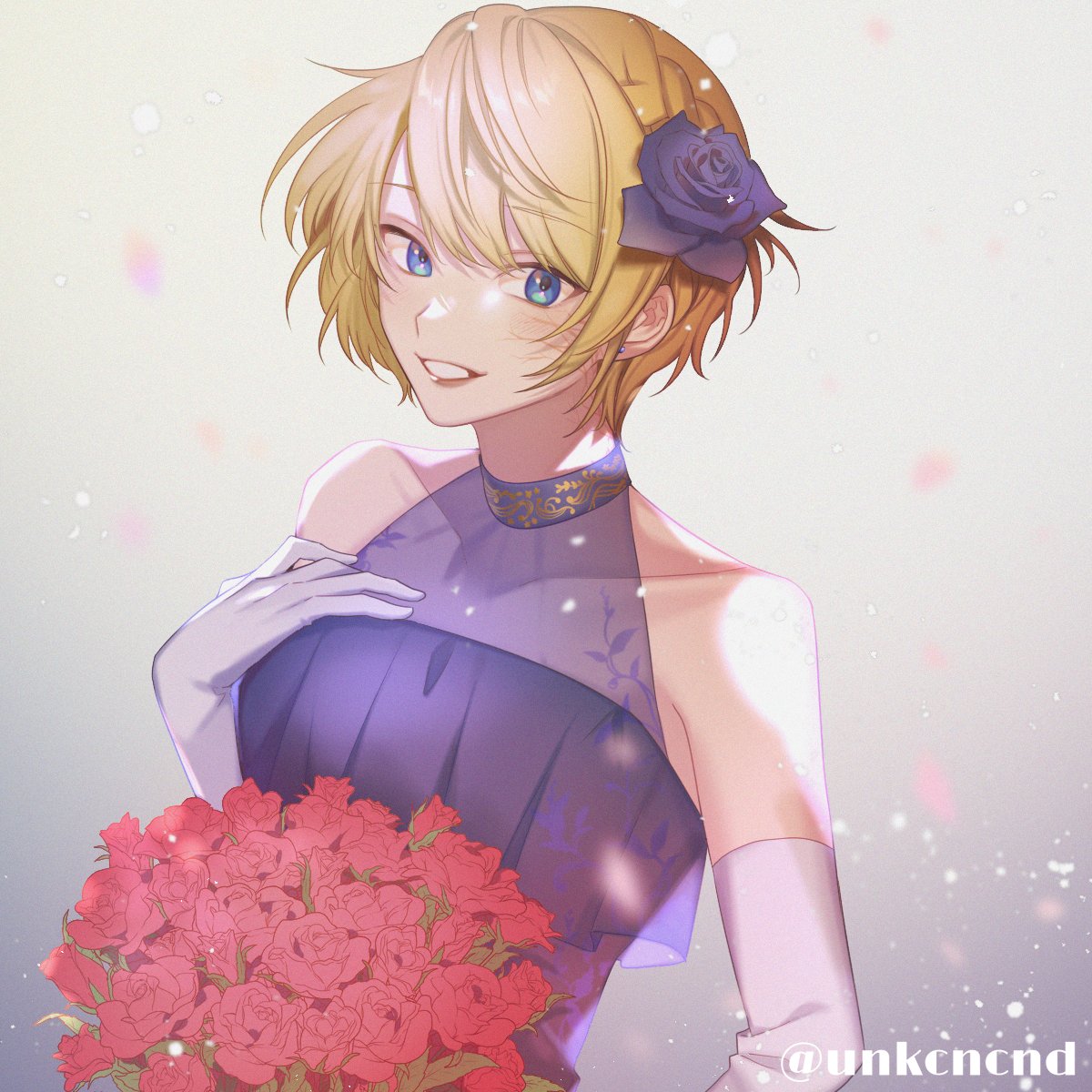 1girl alternate_costume apex_legends blue_dress blue_flower chanms collarbone dress elbow_gloves eyebrows_visible_through_hair flower gloves grey_background hair_behind_ear hair_flower hair_ornament halter_dress halterneck highres looking_to_the_side parted_lips red_flower scar scar_on_cheek scar_on_face short_hair smile solo twitter_username wattson_(apex_legends) white_gloves