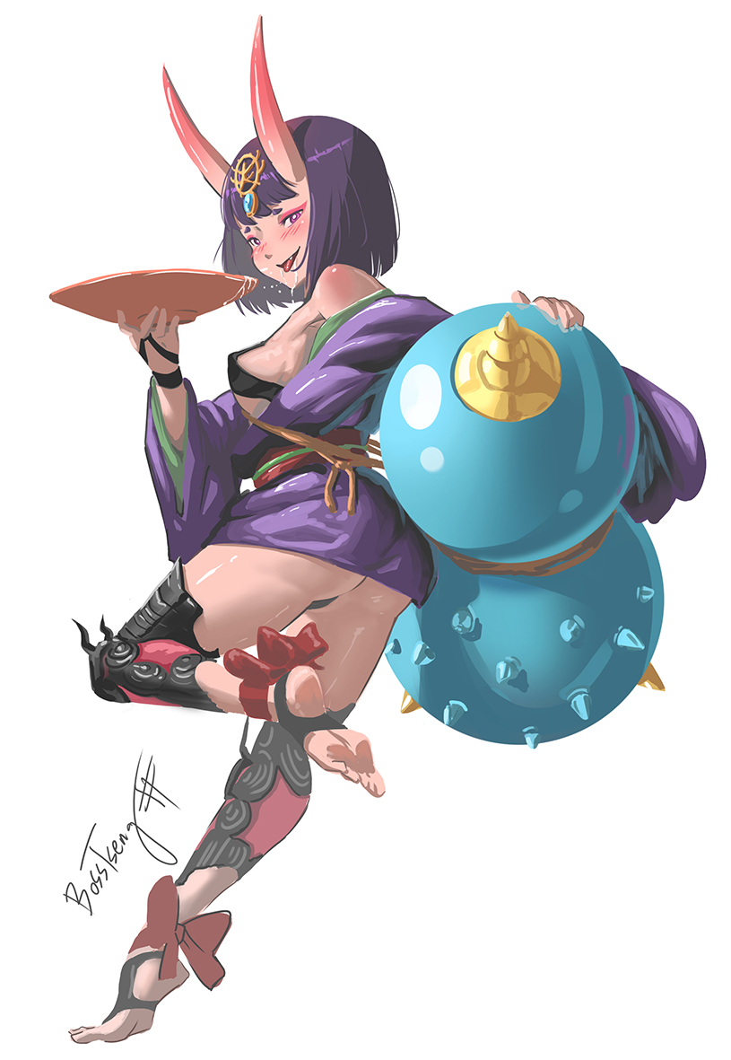 1girl ass barefoot_sandals bob_cut bosstseng breasts cup eyeliner fate/grand_order fate_(series) gourd headpiece holding holding_cup horns japanese_clothes kimono makeup medium_breasts oni oni_horns purple_hair purple_kimono revealing_clothes sakazuki short_eyebrows short_hair short_kimono shuten_douji_(fate) skin-covered_horns solo violet_eyes