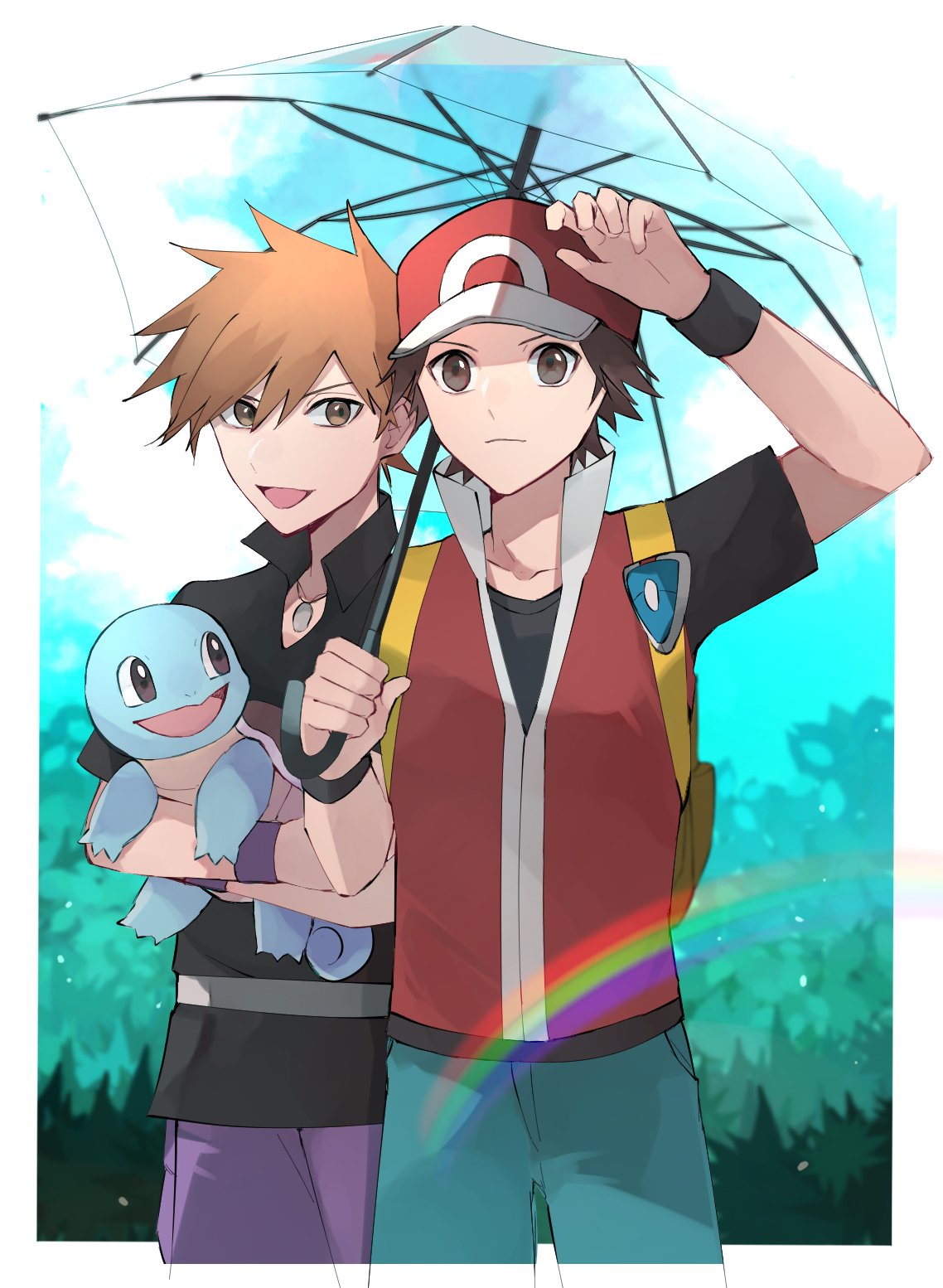 2boys :d backpack bag bangs baseball_cap black_shirt black_wristband blue_oak border brown_eyes brown_hair closed_mouth collared_shirt day green_pants hat highres holding holding_pokemon holding_umbrella jacket jewelry male_focus multiple_boys necklace norisukep open_mouth outdoors pants pokemon pokemon_(creature) pokemon_(game) pokemon_frlg purple_pants rainbow red_(pokemon) red_headwear red_jacket shirt short_hair sleeveless sleeveless_jacket smile spiky_hair squirtle symbol-only_commentary t-shirt tongue transparent transparent_umbrella umbrella vs_seeker white_border yellow_bag