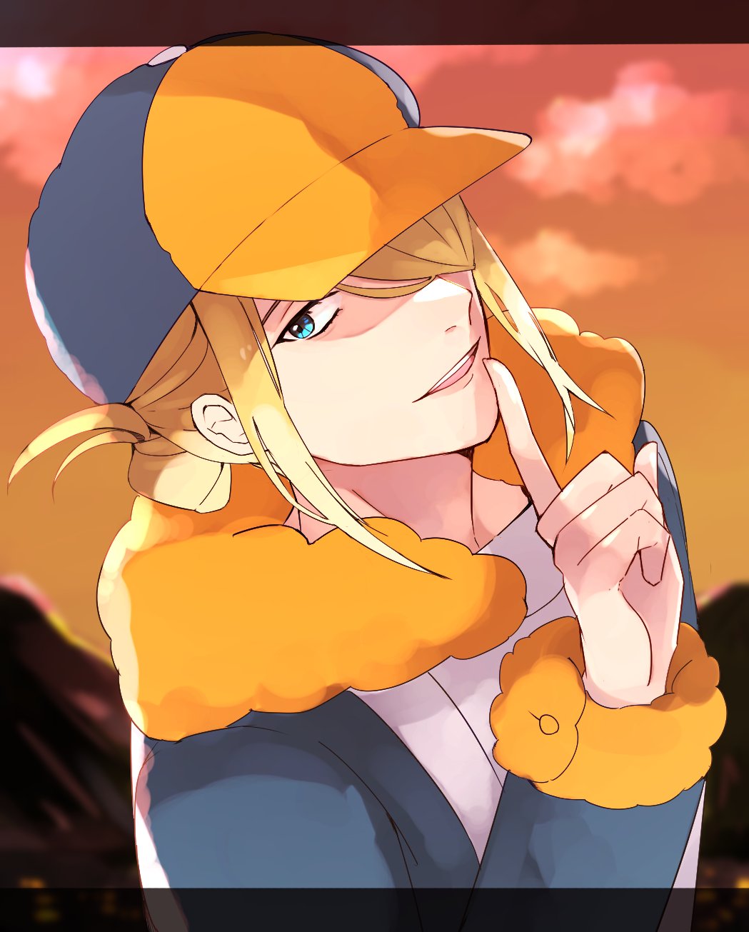 1boy bangs blonde_hair blue_eyes clouds commentary_request grey_jumpsuit hair_over_one_eye hand_up hat highres index_finger_raised jumpsuit letterboxed long_sleeves looking_at_viewer male_focus norisukep open_mouth outdoors pokemon pokemon_(game) pokemon_legends:_arceus short_hair sky smile solo teeth tongue twilight upper_teeth volo_(pokemon) yellow_headwear