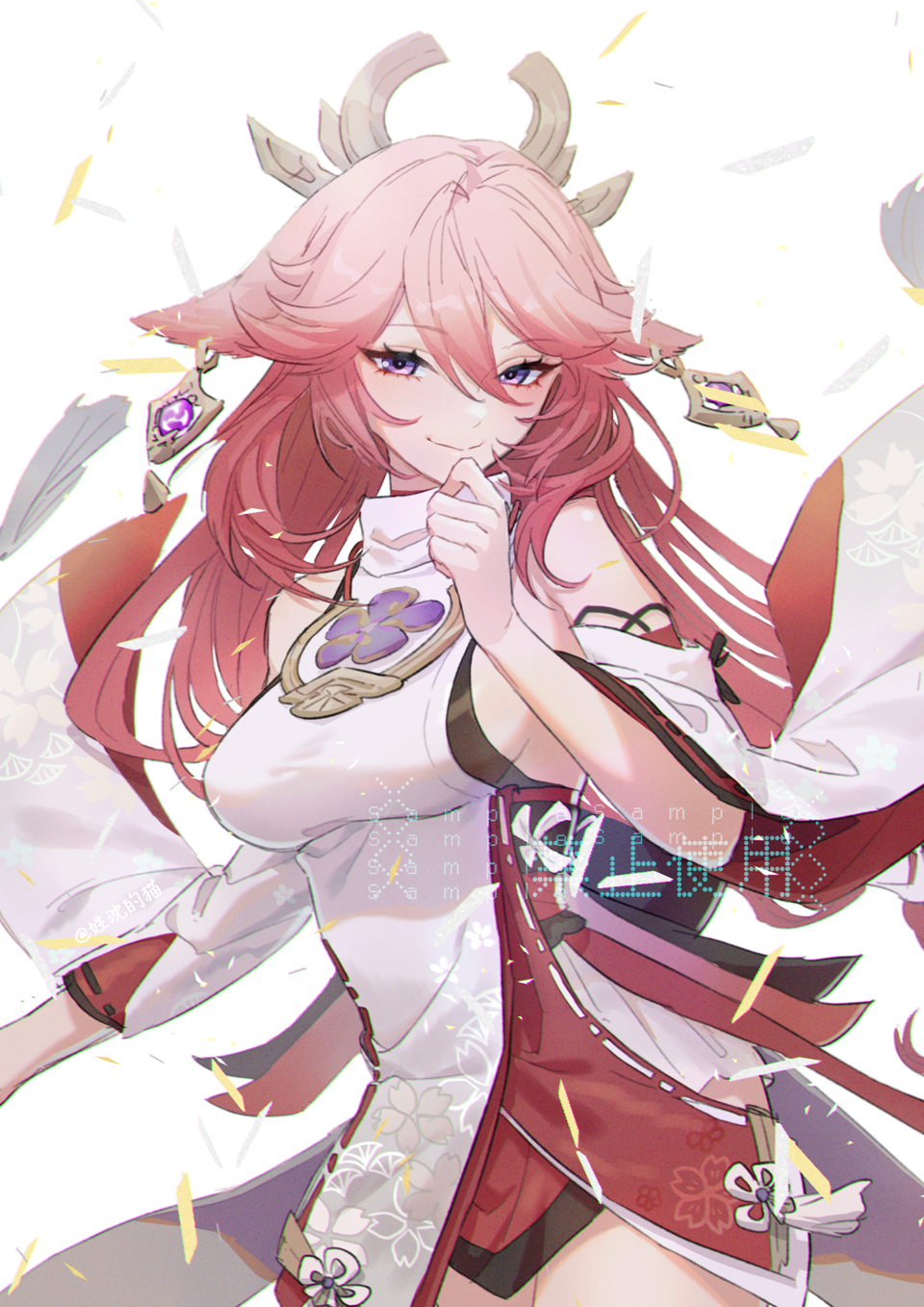 1girl bangs bare_shoulders breasts detached_sleeves eyebrows_visible_through_hair genshin_impact hair_ornament highres honlo japanese_clothes long_hair long_sleeves looking_at_viewer pink_hair smile solo symbol-only_commentary tassel violet_eyes vision_(genshin_impact) watermark yae_miko