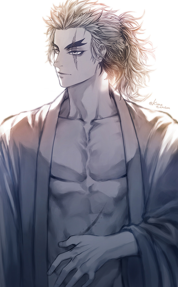 1boy abs alternate_universe blonde_hair closed_mouth collarbone forked_eyebrows half_updo hand_on_own_stomach japanese_clothes kimetsu_no_yaiba kimono long_sleeves looking_away looking_to_the_side male_focus medium_hair open_clothes open_kimono rengoku_kyoujurou scar scar_across_eye scar_on_stomach simple_background solo tantanwindwalk twitter_username upper_body white_background wide_sleeves