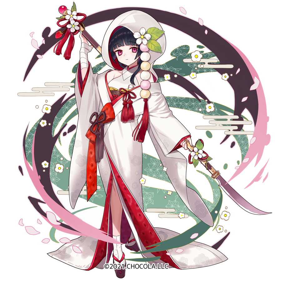 1girl bangs bare_shoulders black_hair brown_footwear character_request closed_mouth commentary_request egasumi eyebrows_visible_through_hair flower full_body glaive holding holding_weapon hood hood_up japanese_clothes kimono long_sleeves looking_at_viewer miyoshino off_shoulder official_art petals platform_footwear sleeves_past_wrists smile socks solo standing sugar_conflict tabi uchikake violet_eyes weapon white_background white_flower white_kimono white_legwear wide_sleeves zouri