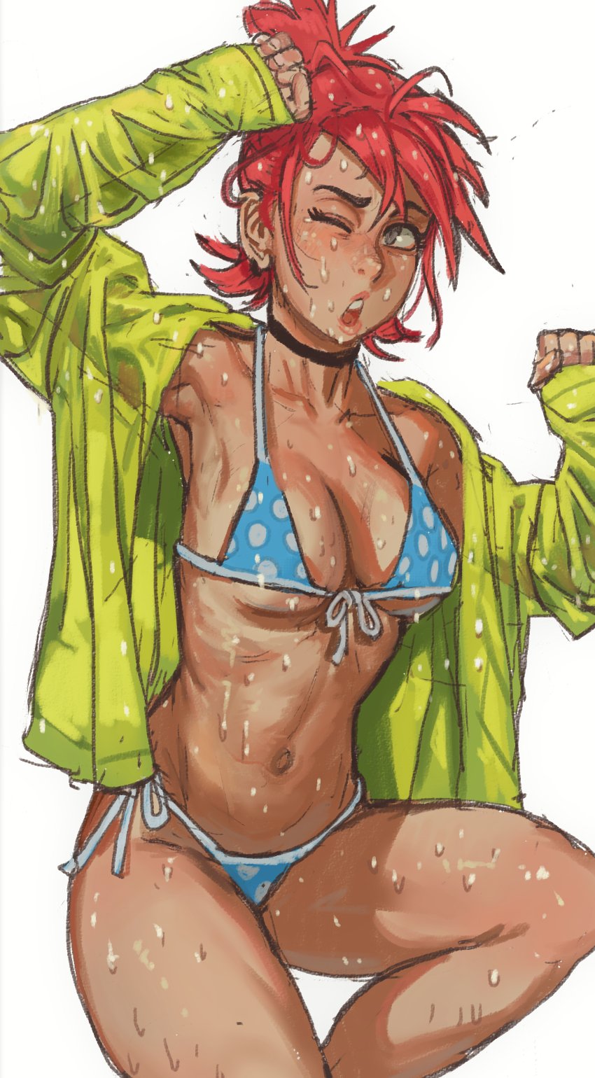 1girl bikini choker english_commentary foster's_home_for_imaginary_friends frankie_foster grey_eyes highres jacket long_sleeves looking_to_the_side mossacannibalis navel one_eye_closed open_mouth polka_dot ponytail redhead short_hair side-tie_bikini solo swimsuit wet wet_clothes white_background