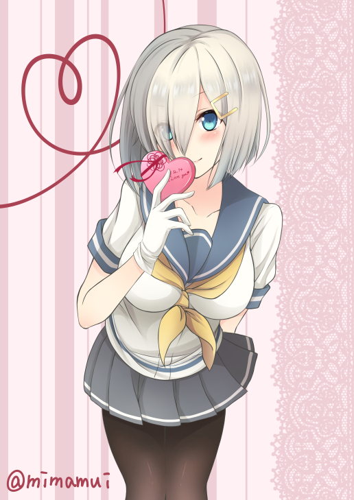 1girl arm_behind_back bangs blue_eyes blue_sailor_collar blush box box_of_chocolates breasts closed_mouth gift gloves grey_hair grey_skirt hair_between_eyes hair_ornament hair_over_one_eye hairclip hamakaze_(kancolle) heart holding holding_gift impossible_clothes kantai_collection large_breasts mimamui neckerchief pantyhose pleated_skirt sailor_collar school_uniform serafuku short_hair simple_background skirt smile solo twitter_username valentine white_gloves yellow_neckerchief