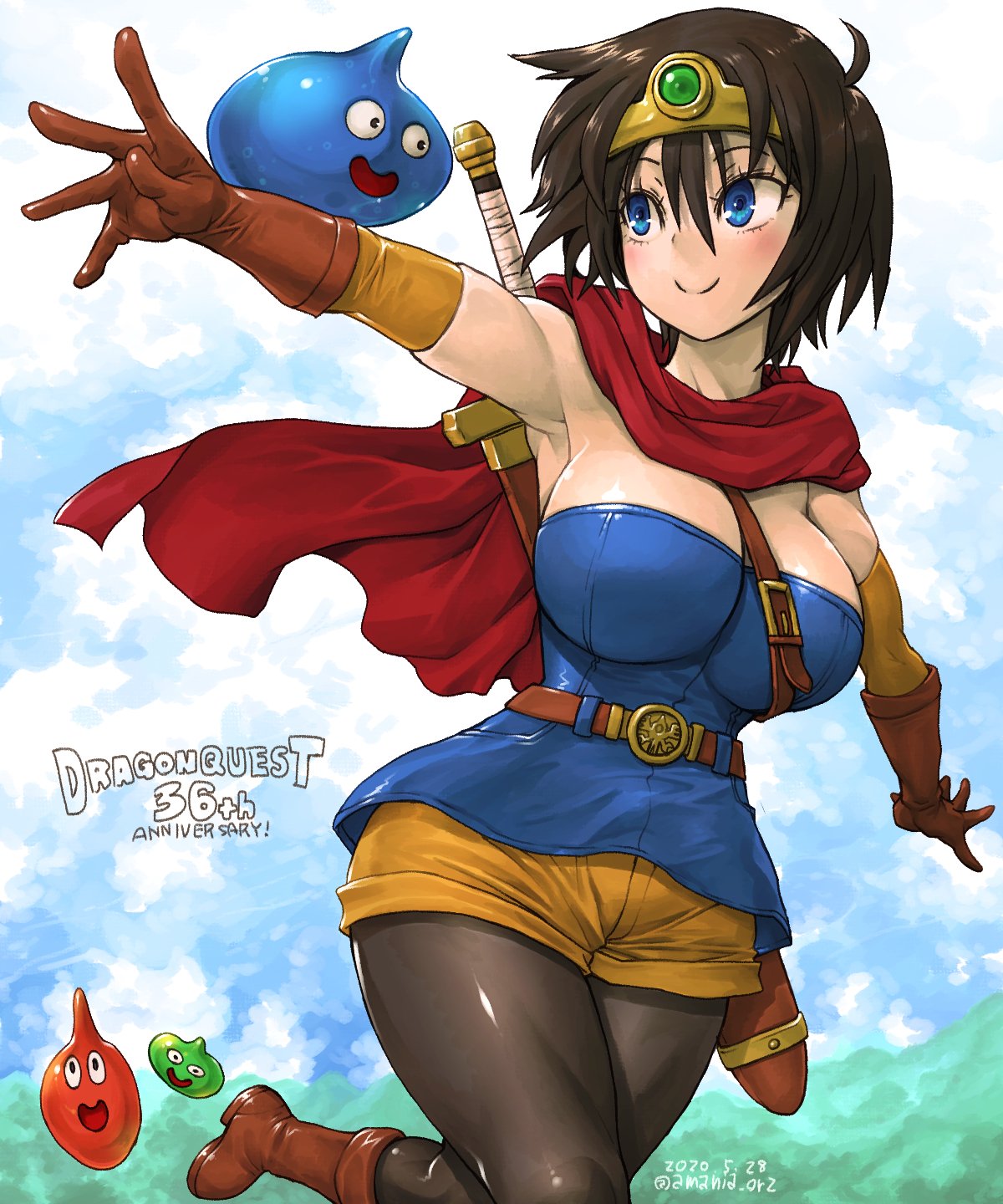 1girl amania_orz armpits blue_eyes breasts character_request circlet dragon_quest genderswap gloves highres large_breasts pantyhose short_hair slime_(dragon_quest) solo sword thick_thighs thighs weapon