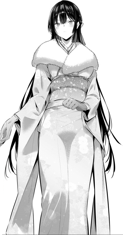 1girl black_hair bow closed_mouth commentary curled_fingers expressionless eyebrows_visible_through_hair forehead fur gloves greyscale hair_between_eyes hair_bow hair_ornament hiiragi_yuuichi japanese_clothes kimono long_hair long_sleeves looking_at_viewer monochrome original shadow solo standing very_long_hair wide_sleeves