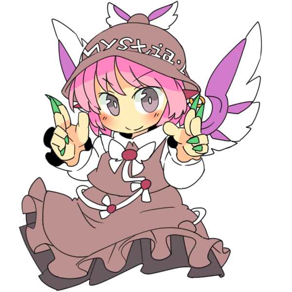 1girl animal_ears bird_ears bird_wings blush brown_dress brown_headwear closed_mouth dress earrings eyebrows_visible_through_hair fingernails frilled_dress frills green_nails grey_eyes ini_(inunabe00) jewelry long_fingernails long_sleeves mystia_lorelei nail_polish pink_hair sharp_fingernails short_hair simple_background single_earring smile solo touhou white_background white_wings winged_hat wings