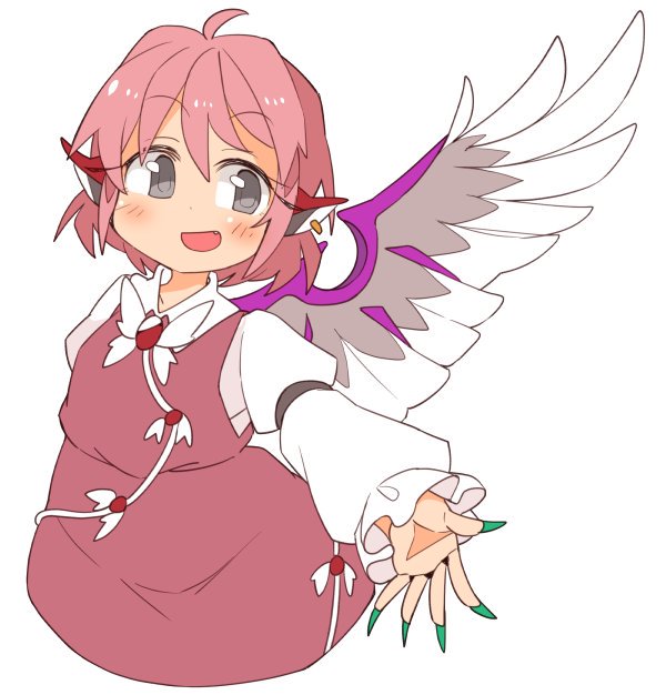 1girl animal_ears bird_ears bird_wings blush brown_dress dress eyebrows_visible_through_hair fang fingernails frilled_sleeves frills green_nails grey_eyes hair_between_eyes ini_(inunabe00) juliet_sleeves long_fingernails long_sleeves mystia_lorelei nail_polish no_hat no_headwear open_mouth pink_hair puffy_sleeves sharp_fingernails short_hair simple_background smile solo touhou white_background white_wings wings