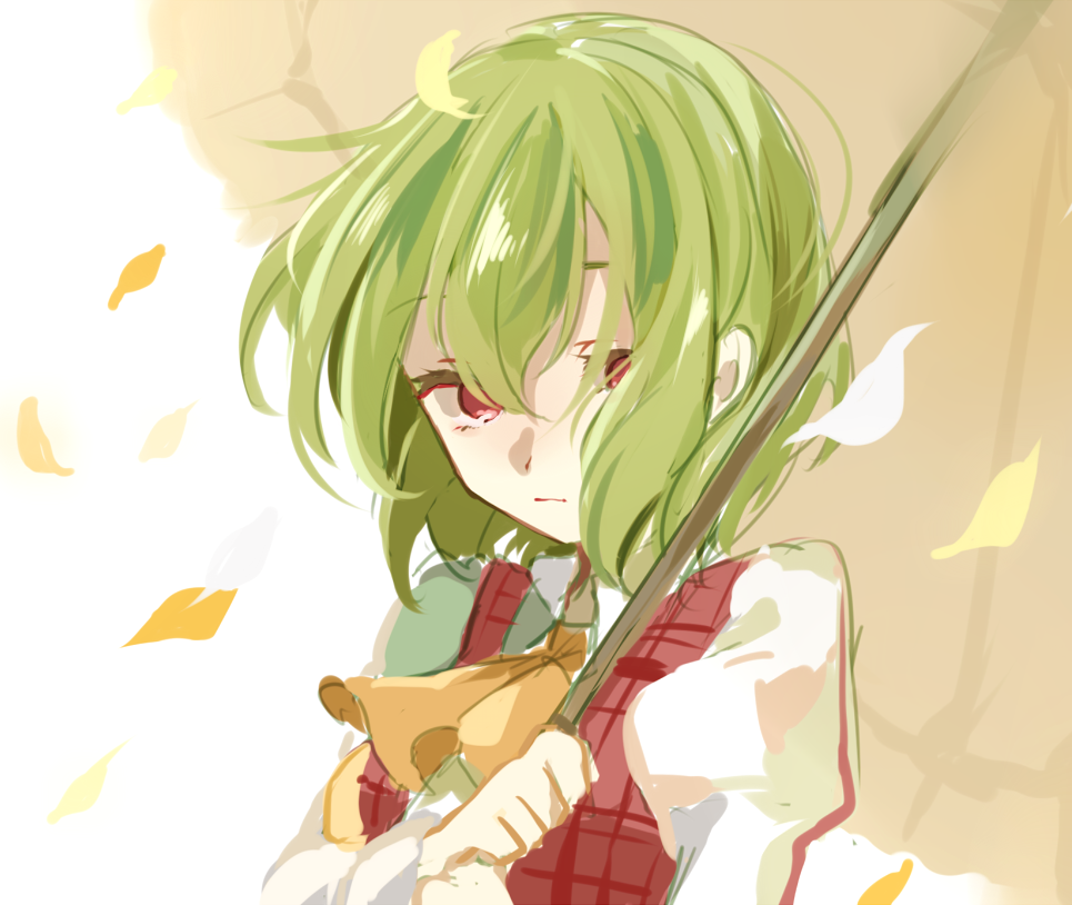 1girl ascot bangs closed_mouth collared_shirt expressionless eyebrows_visible_through_hair green_hair hair_between_eyes hair_over_one_eye holding holding_umbrella kazami_yuuka long_sleeves looking_at_viewer paragasu_(parags112) parasol petals plaid plaid_vest red_eyes red_vest shirt short_hair solo touhou umbrella upper_body vest wavy_hair white_background white_shirt yellow_ascot