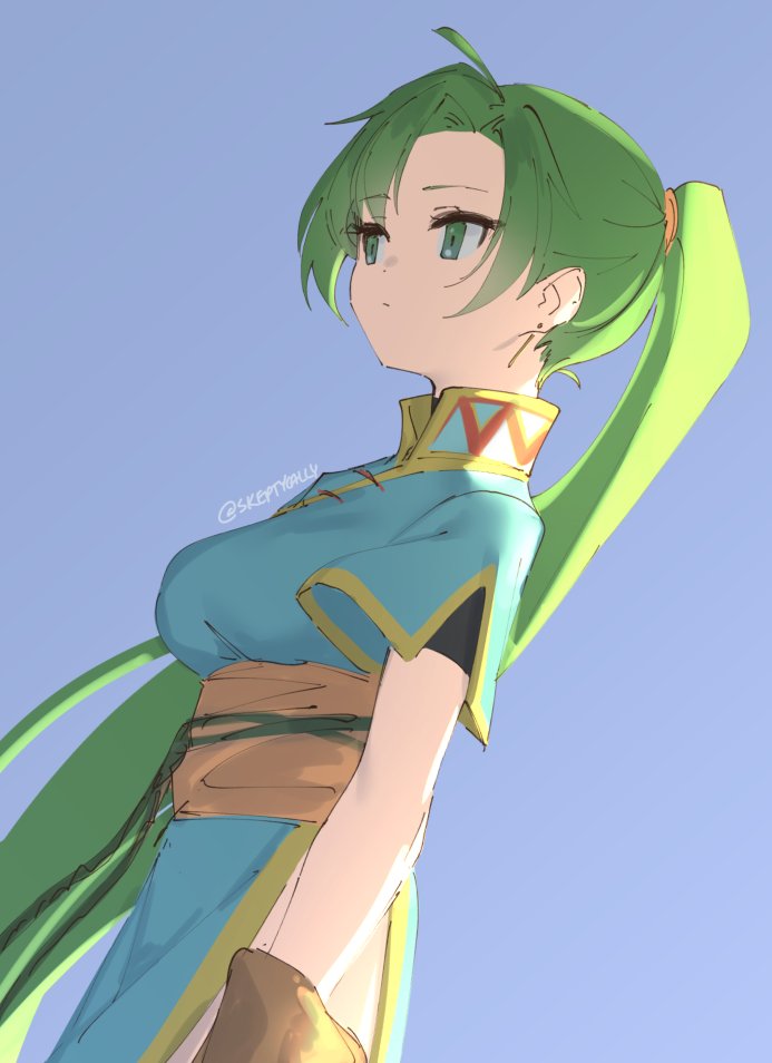 1girl bangs blue_background blue_dress brown_gloves commentary dated_commentary dress earrings fire_emblem fire_emblem:_the_blazing_blade gloves green_eyes green_hair jewelry long_hair lyn_(fire_emblem) ponytail short_sleeves skeptycally solo very_long_hair