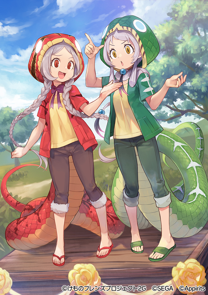 2girls amazon_tree_boa_(kemono_friends) bow bowtie braid brown_pants capri_pants commentary_request emerald_tree_boa_(kemono_friends) fur_trim green_footwear green_jacket green_panties grey_hair hood hood_up jacket kemono_friends kemono_friends_3 long_hair long_tail multiple_girls official_art open_clothes open_jacket panties pants pants_rolled_up purple_bow purple_bowtie red_eyes red_footwear red_jacket sandals scales shirt short_sleeves snake_tail stage tail twin_braids underwear white_fur yellow_eyes yellow_shirt yuko_(uc_yuk)