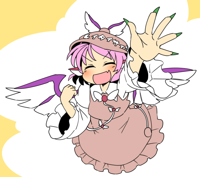 1girl animal_ears arm_up bird_ears bird_wings blush brown_dress brown_headwear closed_eyes dress eyebrows_visible_through_hair fang fingernails frilled_sleeves frills green_nails ini_(inunabe00) long_fingernails long_sleeves mystia_lorelei nail_polish open_mouth pink_hair sharp_fingernails short_hair skin_fang smile solo touhou white_wings wide_sleeves winged_hat wings