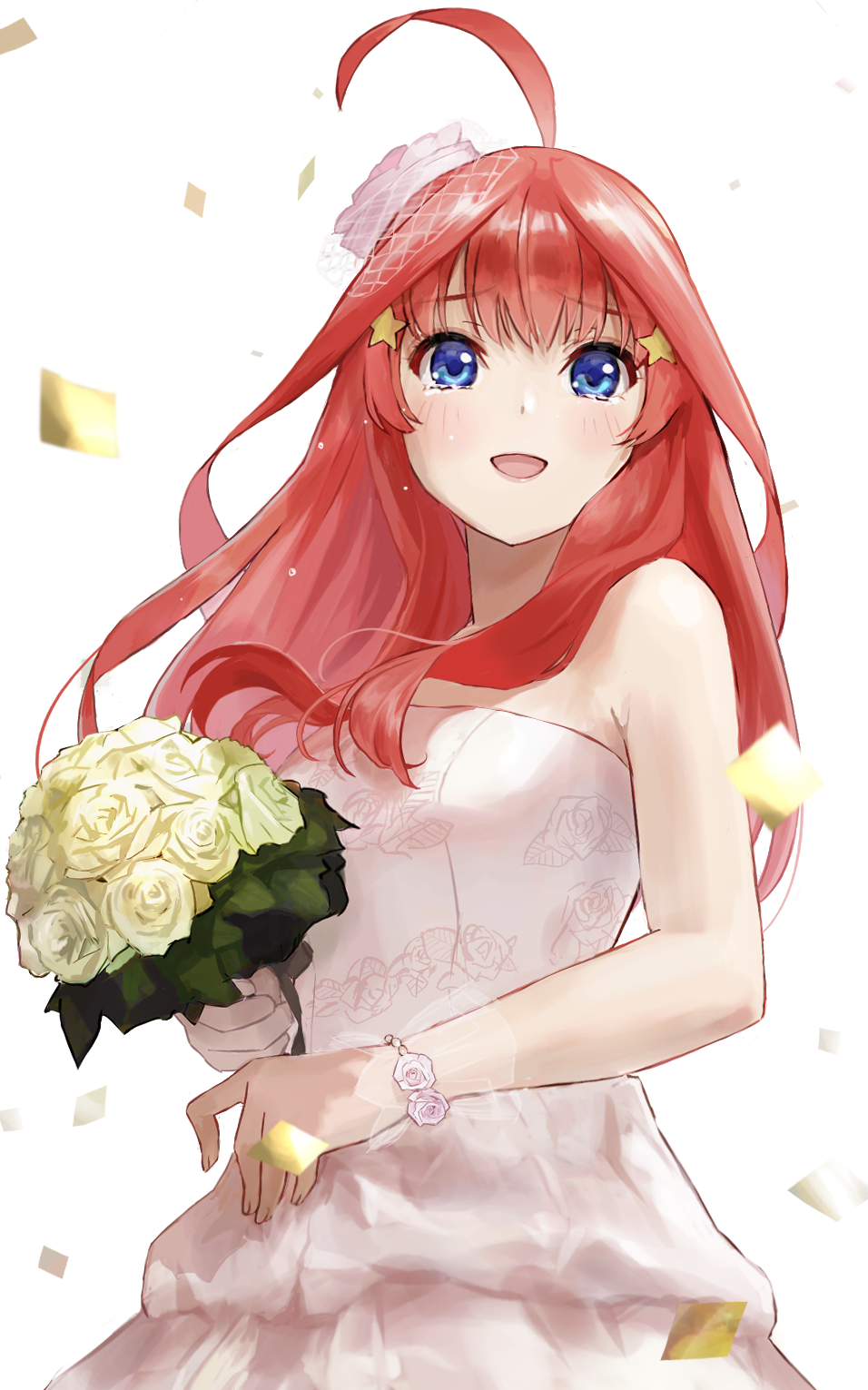 1girl :d ahoge bangs bare_shoulders blue_eyes blunt_bangs blush bouquet commentary_request confetti dress eyebrows_visible_through_hair floral_print go-toubun_no_hanayome hair_ornament happy_tears highres holding holding_bouquet ishiyuki00 long_hair looking_at_viewer nakano_itsuki open_mouth pink_hair shiny shiny_hair simple_background smile solo star_(symbol) star_hair_ornament tearing_up tears wedding_dress white_background