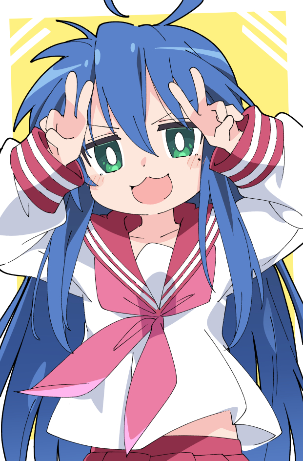 1girl :3 ahoge arms_up bangs blue_hair blush border bright_pupils collarbone double_v eyebrows_visible_through_hair green_eyes hair_between_eyes ixy izumi_konata jitome long_hair long_sleeves looking_at_viewer lucky_star midriff_peek neckerchief open_mouth outside_border pleated_skirt red_neckerchief red_sailor_collar red_skirt ryouou_school_uniform sailor_collar school_uniform shirt sidelocks simple_background skirt smile solo straight-on straight_hair upper_body v v-shaped_eyebrows very_long_hair white_border white_pupils white_shirt yellow_background