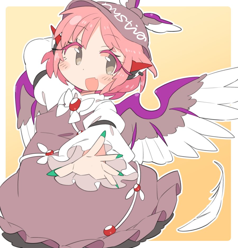 1girl animal_ears bird_ears bird_wings blush border brown_dress brown_headwear dress earrings eyebrows_visible_through_hair fang feathers fingernails frilled_dress frilled_sleeves frills green_nails grey_eyes ini_(inunabe00) jewelry juliet_sleeves long_fingernails long_sleeves mystia_lorelei nail_polish open_mouth pink_hair puffy_sleeves sharp_fingernails short_hair single_earring skin_fang smile solo touhou white_border white_wings winged_hat wings