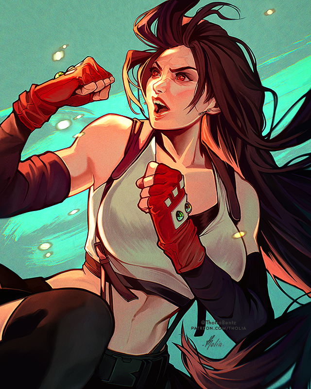 1girl breasts brown_hair clenched_hands crop_top dangle_earrings earrings elbow_gloves feet_out_of_frame female fighting_stance final_fantasy final_fantasy_vii final_fantasy_vii_remake floating_hair gloves jewelry leg_up lips long_hair looking_away medium_breasts miniskirt open_mouth red_eyes red_gloves shirt skirt sleeveless sleeveless_shirt solo suspender_skirt suspenders tank_top tholia_bentz tifa_lockhart upper_body very_long_hair