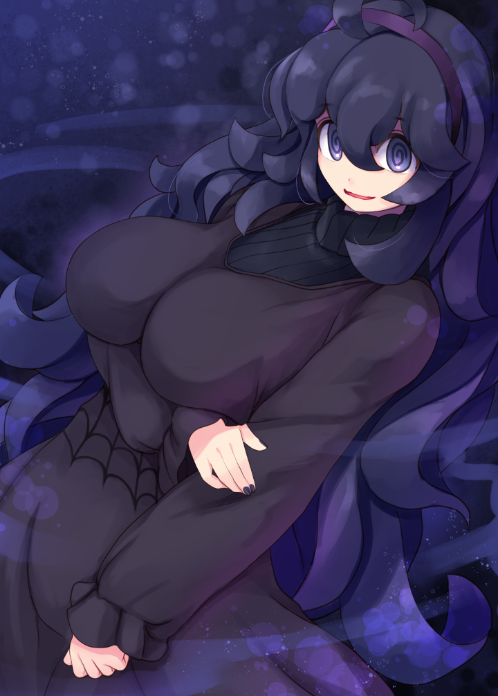 1girl @_@ ahoge alternate_breast_size arm_under_breasts backlighting bangs black_dress black_hair breasts commentary curvy dress fire from_below gradient_hair hair_between_eyes hairband hands_up hex_maniac_(pokemon) interdigital_folds kirishima_satoshi large_breasts litwick long_dress long_hair looking_at_viewer lying messy_hair multicolored_hair on_back open_mouth pokemon pokemon_(game) pokemon_xy purple_background purple_hairband purple_theme smile violet_eyes