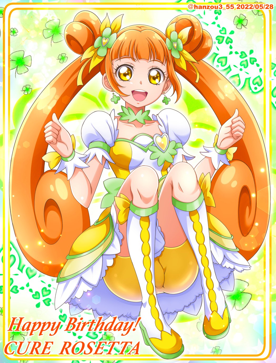 1girl bike_shorts boots bow breasts brooch brown_hair character_name choker clover_earrings clover_hair_ornament clover_print collarbone cure_rosetta dokidoki!_precure double_bun dress green_background green_choker hair_ornament hanzou happy_birthday heart_brooch highres jewelry long_hair looking_at_viewer open_mouth precure puffy_short_sleeves puffy_sleeves short_sleeves sitting small_breasts smile solo twitter_username two-tone_background very_long_hair waist_bow white_dress white_footwear wrist_cuffs yellow_dress yellow_eyes yotsuba_alice