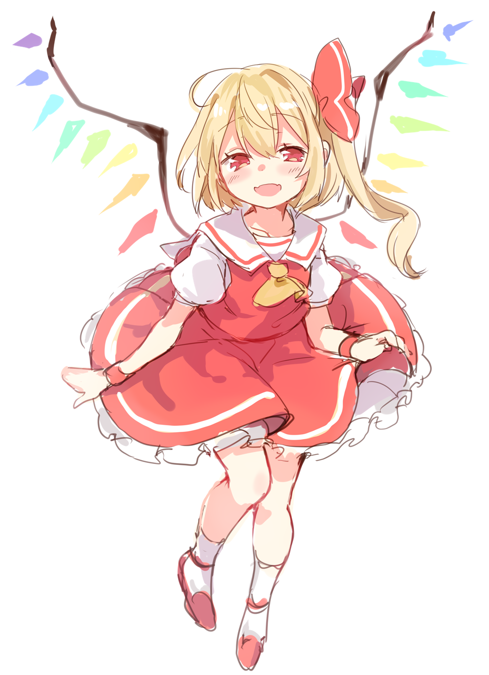 1girl ascot back_bow bangs blonde_hair blush bobby_socks bow collared_shirt crystal eyebrows_visible_through_hair flandre_scarlet frilled_skirt frills full_body hair_between_eyes hair_ribbon highres looking_at_viewer mary_janes medium_hair no_hat no_headwear one_side_up open_mouth paragasu_(parags112) puffy_short_sleeves puffy_sleeves red_eyes red_footwear red_ribbon red_skirt red_vest ribbon shirt shoes short_sleeves side_ponytail simple_background skirt skirt_set smile socks solo touhou vest wavy_hair white_background white_bow white_legwear white_shirt wings yellow_ascot