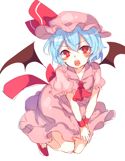 1girl ascot back_bow bangs bat_wings blue_hair blush blush_stickers bow dress eyebrows_visible_through_hair fang full_body hair_between_eyes hands_on_own_knees hat looking_at_viewer mob_cap open_mouth paragasu_(parags112) pink_dress pink_headwear red_ascot red_bow red_eyes red_footwear remilia_scarlet shoes short_hair simple_background solo teeth tongue touhou upper_teeth v-shaped_eyebrows v_arms white_background wings