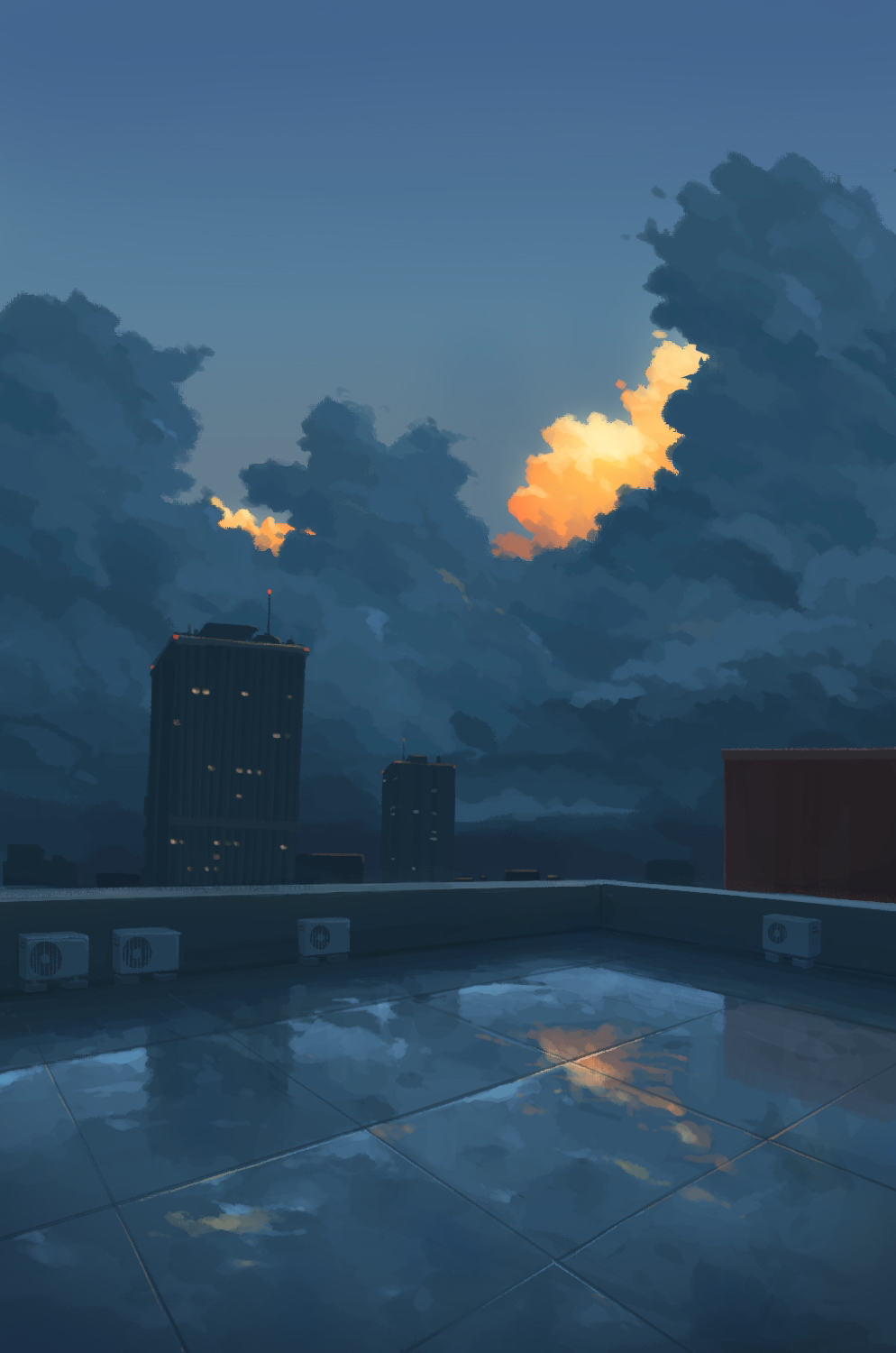 air_conditioner building city cityscape clouds cloudy_sky commentary_request dark_clouds evening highres no_humans okayuu original outdoors reflection scenery sky