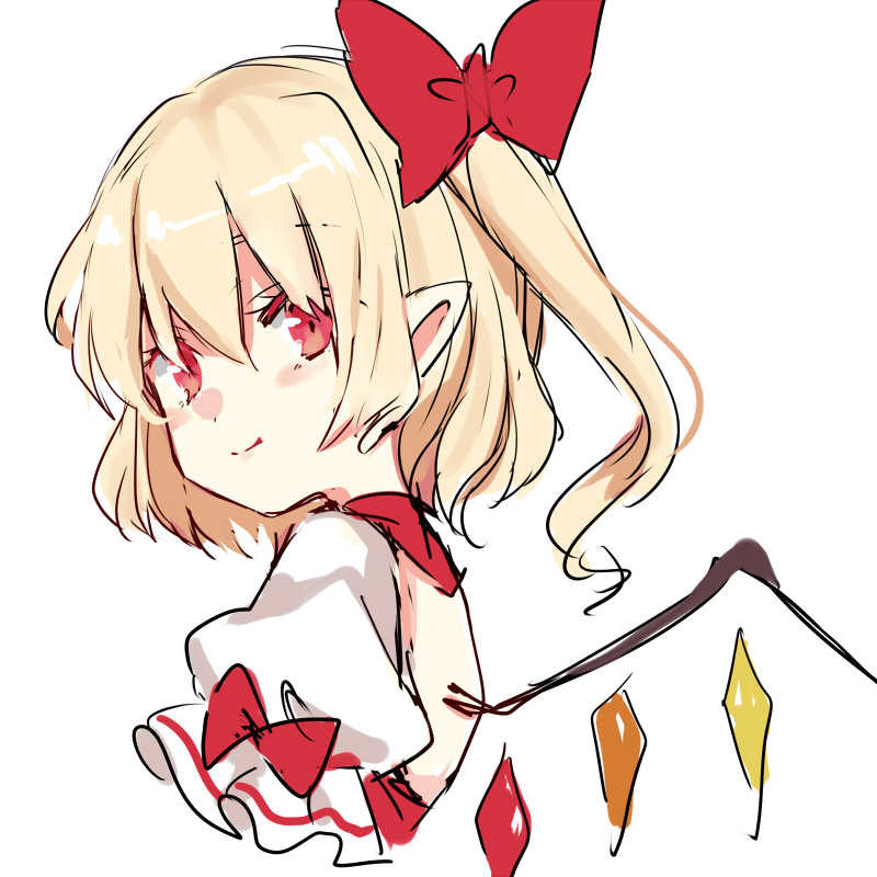 1girl bangs blonde_hair bow closed_mouth cropped_torso crystal eyebrows_behind_hair flandre_scarlet hair_between_eyes hair_bow looking_back no_hat no_headwear one_side_up paragasu_(parags112) pointy_ears puffy_short_sleeves puffy_sleeves red_bow red_eyes short_hair short_sleeves simple_background smile solo touhou upper_body white_background wings