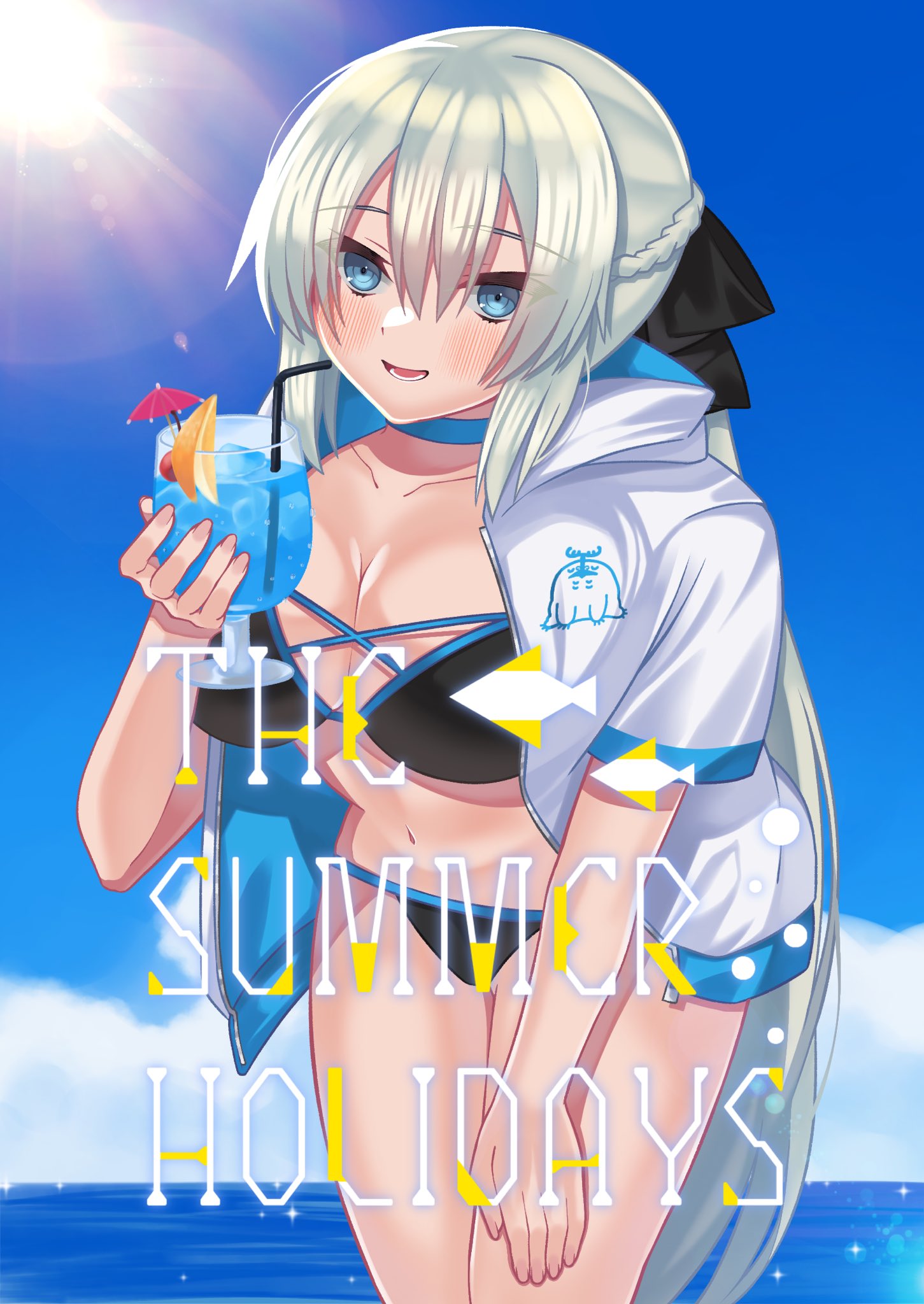 1girl akio_(akio1124) bendy_straw bikini black_bow blue_hawaii bow braid breasts cernunnos_(fate) cocktail cocktail_glass cocktail_shaker cocktail_umbrella cup drink drinking_glass drinking_straw fate/grand_order fate_(series) food french_braid fruit glass highres jacket jacket_on_shoulders legs legs_together light_blue_eyes long_sleeves morgan_le_fay_(fate) open_clothes open_jacket orange_(fruit) orange_slice smile solo swimsuit white_jacket