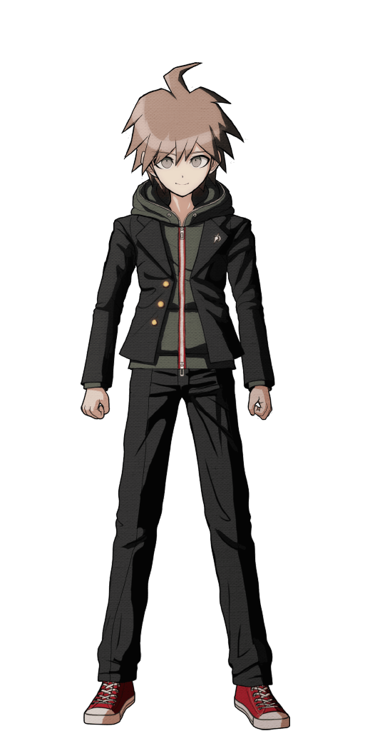1boy artist_request brown_eyes brown_hair clenched_hands danganronpa:_trigger_happy_havoc danganronpa_(series) denim hood hoodie jacket jeans leather leather_jacket looking_at_viewer male_focus pants shoes smile solo spiky_hair transparent_background
