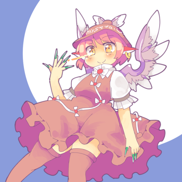 1girl animal_ears bird_ears bird_wings blush brown_dress brown_headwear brown_legwear closed_mouth dress earrings eyebrows_visible_through_hair feet_out_of_frame fingernails frilled_sleeves frills green_nails hair_between_eyes ini_(inunabe00) jewelry long_fingernails mystia_lorelei nail_polish pink_hair sharp_fingernails short_hair short_sleeves single_earring smile solo thigh-highs touhou white_wings winged_hat wings yellow_eyes