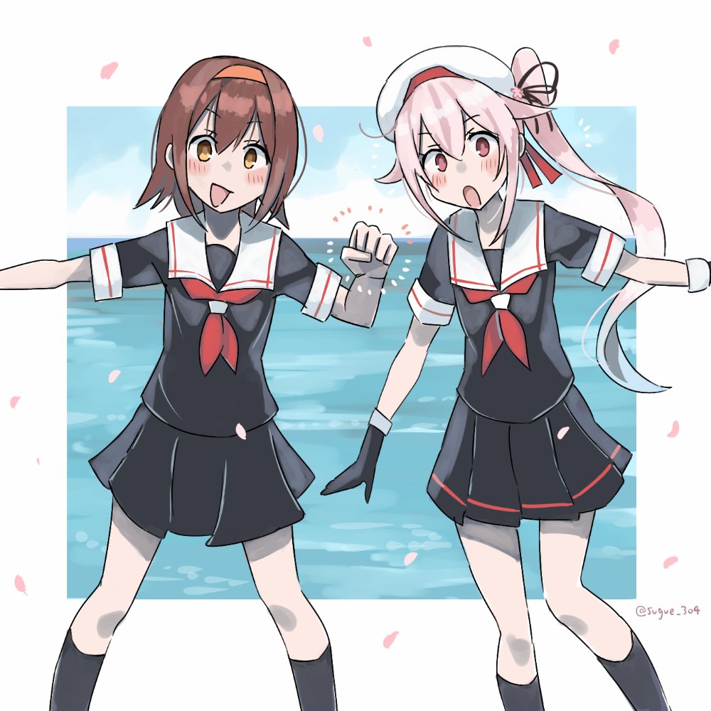 2girls black_gloves black_legwear black_serafuku black_skirt blush brown_eyes brown_hair eyebrows_visible_through_hair feet_out_of_frame gloves hair_between_eyes hairband harusame_(kancolle) hat kantai_collection kneehighs long_hair multiple_girls neckerchief open_mouth orange_hairband pink_hair pleated_skirt red_eyes red_neckerchief sailor_hat school_uniform serafuku shiratsuyu_(kancolle) short_hair short_sleeves side_ponytail skirt smile sugue_tettou twitter_username white_headwear