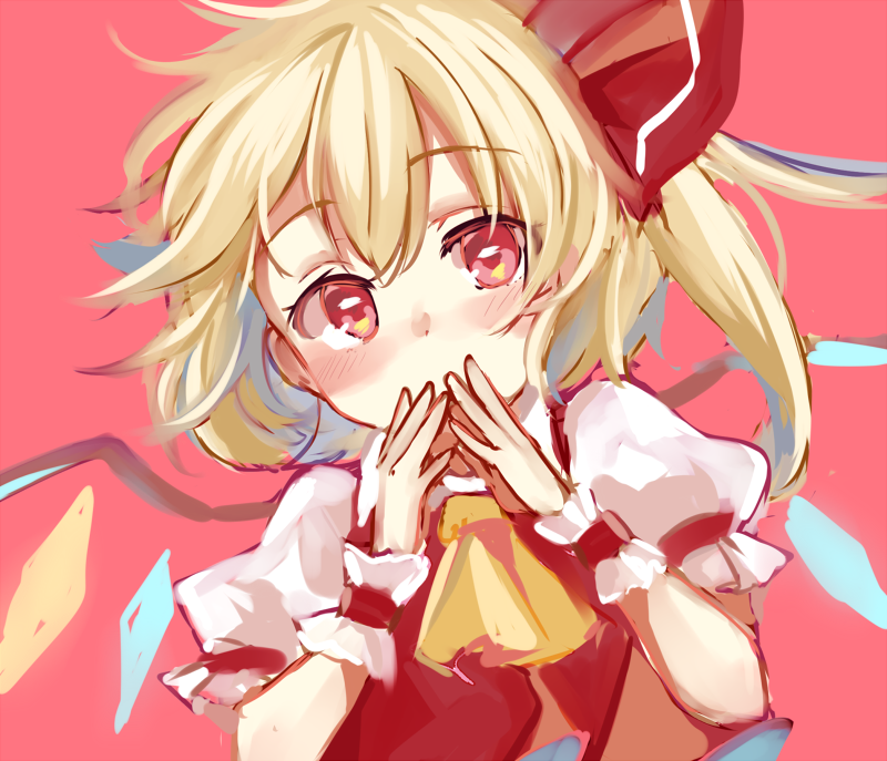 1girl ascot bangs blonde_hair blush collared_shirt covering_mouth crystal eyebrows_visible_through_hair flandre_scarlet frilled_shirt_collar frilled_sleeves frills hair_ribbon hand_to_own_mouth looking_at_viewer medium_hair no_hat no_headwear own_hands_together paragasu_(parags112) puffy_short_sleeves puffy_sleeves red_background red_eyes red_ribbon red_vest ribbon shirt short_sleeves simple_background solo touhou upper_body vest wavy_hair white_shirt wings wrist_cuffs yellow_ascot