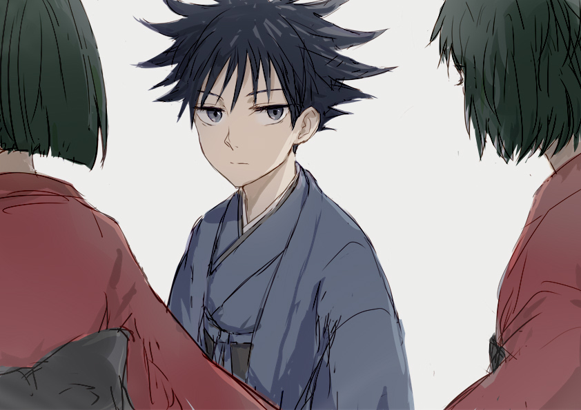 1boy 2girls bangs black_hair blue_eyes blue_kimono child closed_mouth commentary_request fushiguro_megumi green_hair hair_between_eyes japanese_clothes jujutsu_kaisen kimono long_sleeves looking_away multiple_girls nori20170709 red_kimono short_hair siblings simple_background sisters walking white_background wide_sleeves younger zen'in_mai zen'in_maki