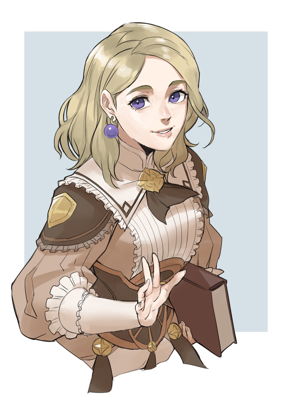 1girl blonde_hair book brown_dress commentary dress earrings fire_emblem fire_emblem:_three_houses fire_emblem_warriors:_three_hopes frills highres holding holding_book jewelry lips looking_at_viewer medium_hair mercedes_von_martritz official_alternate_hairstyle parted_lips pink_lips radiostarkiller smile solo violet_eyes