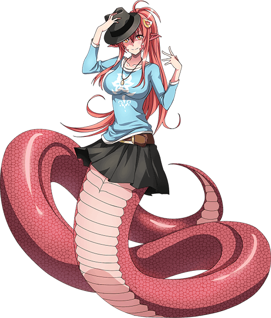 1girl artist_request belt black_headwear black_skirt blue_shirt breasts fedora full_body hat lamia large_breasts long_hair miia_(monster_musume) monster_girl monster_musume_no_iru_nichijou monster_musume_no_iru_nichijou_online official_alternate_costume official_art pointy_ears redhead scales shirt skirt slit_pupils solo transparent_background yellow_eyes