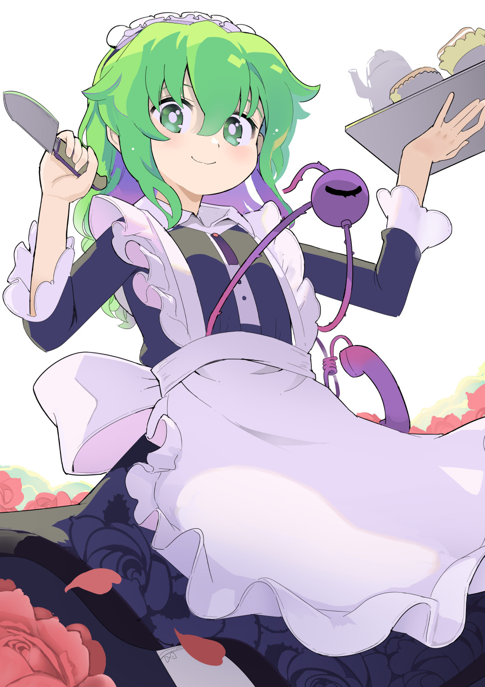 1girl alternate_costume apron black_dress blush closed_mouth dress enmaided eyeball flower green_eyes green_hair hair_between_eyes highres holding holding_knife holding_tray knife komeiji_koishi long_sleeves maid maid_apron maid_headdress medium_hair petals puuakachan red_flower red_rose rose rose_petals smile solo third_eye touhou tray white_apron