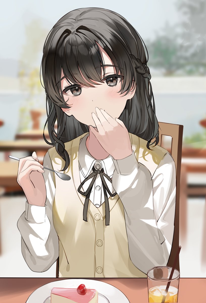 1girl aroa_(aroamoyasi) black_eyes black_hair black_ribbon blurry blurry_background blush braid cake cake_slice collared_shirt covering_mouth cup dress_shirt drinking_straw eating food hand_over_own_mouth hands_up highres holding holding_spoon long_hair long_sleeves looking_at_viewer neck_ribbon original plate ribbon shirt sitting solo spoon table vest white_shirt