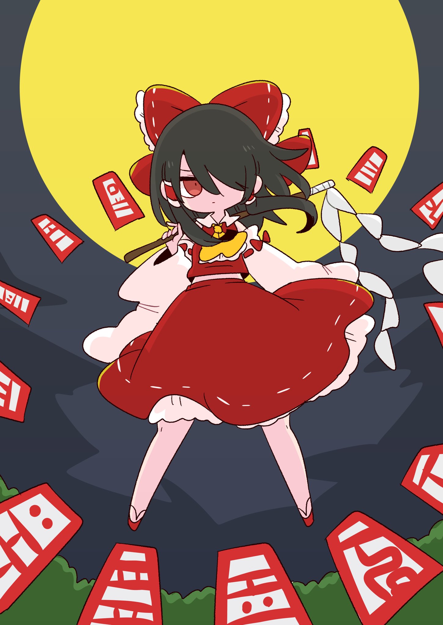 1girl :| ascot bangs brown_hair closed_mouth collared_shirt detached_sleeves floating frilled_shirt_collar frilled_skirt frills full_moon geta gohei hair_over_one_eye hakurei_reimu highres medium_hair midriff moon no_socks ofuda op_na_yarou red_eyes red_footwear red_shirt red_skirt ribbon-trimmed_sleeves ribbon_trim shirt skirt sleeveless sleeveless_shirt solo touhou v-shaped_eyebrows white_sleeves wide_sleeves yellow_ascot