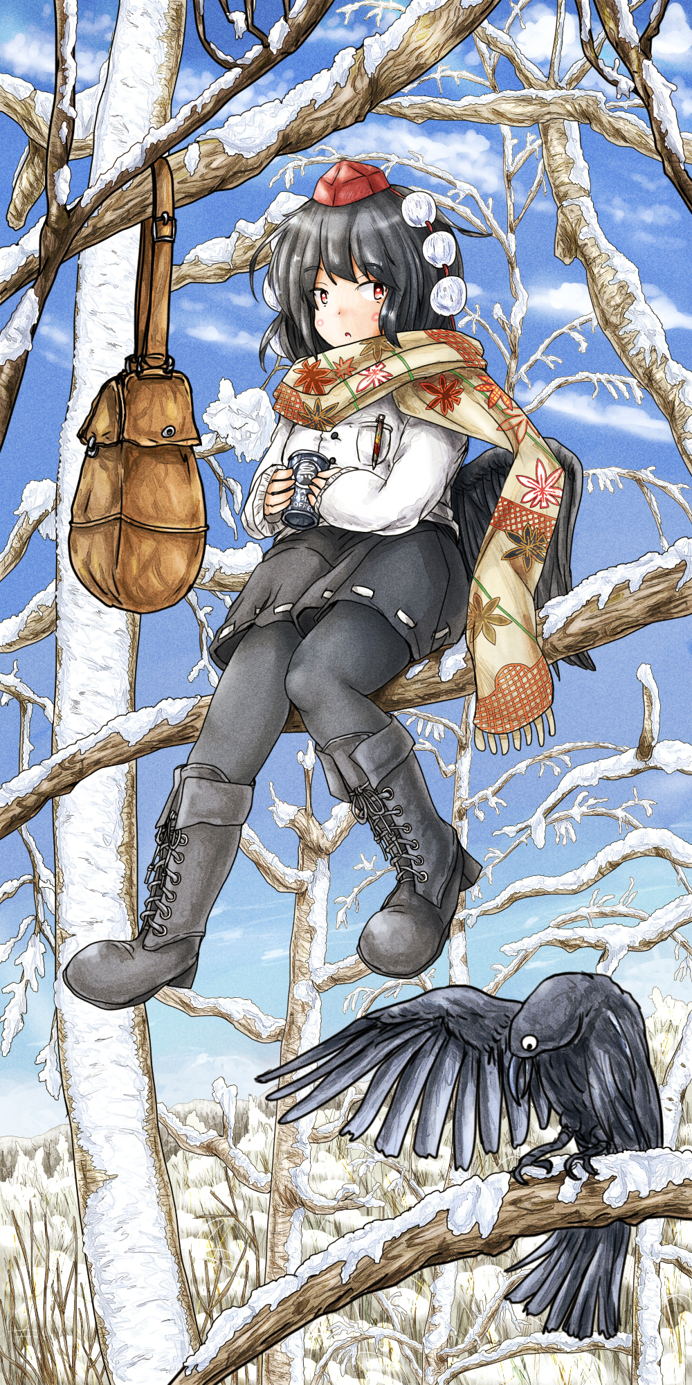 1girl alternate_costume bag bare_tree bird bird_wings black_hair black_pantyhose black_wings boots clouds cross-laced_footwear crow day full_body hat highres holding in_tree long_sleeves outdoors pantyhose pom_pom_(clothes) red_eyes red_headwear scarf shameimaru_aya short_hair sitting skirt sky snow solo tokin_hat touhou tree wings winter winter_clothes ys_(ytoskyoku-57)