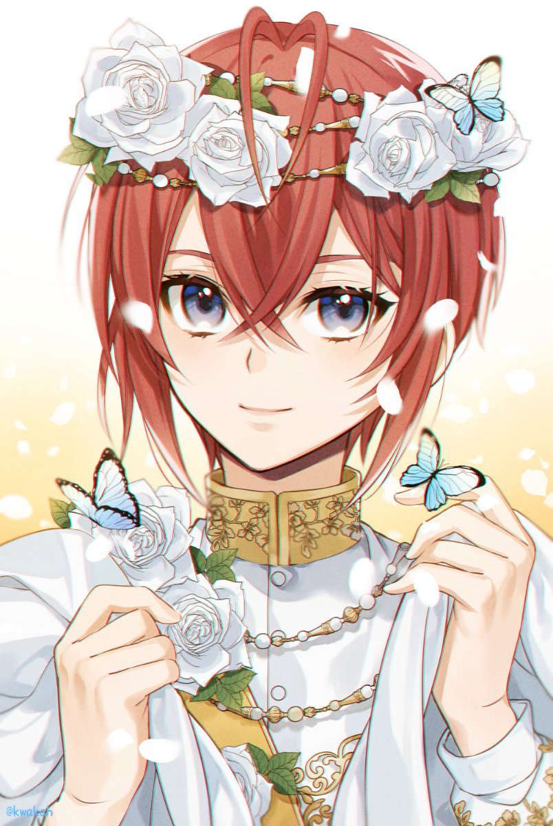 1boy alternate_costume antenna_hair blue_eyes bug butterfly closed_mouth flower grey_eyes hair_flower hair_ornament heart_antenna_hair highres kwakah male_focus redhead riddle_rosehearts simple_background smile solo twisted_wonderland