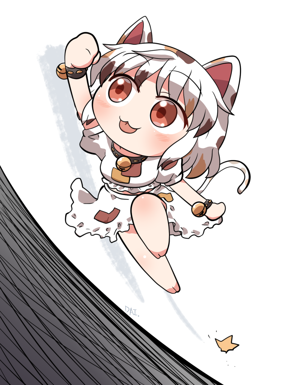1girl :3 animal_ears arm_up barefoot bell blush cat_ears cat_tail crop_top eyebrows_visible_through_hair goutokuji_mike highres jingle_bell orange_eyes patch puffy_short_sleeves puffy_sleeves rokugou_daisuke short_hair short_sleeves signature skirt solo tail tongue tongue_out touhou white_hair white_skirt